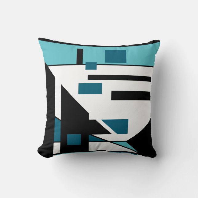 Aqua Black White Turquoise Geometric Abstract Art Cushion (Front)