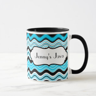 Aqua, Black, White Wavy Stripes Personalised Mug
