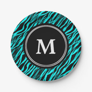 Aqua Black Zebra Stripe Monogram Paper Plate
