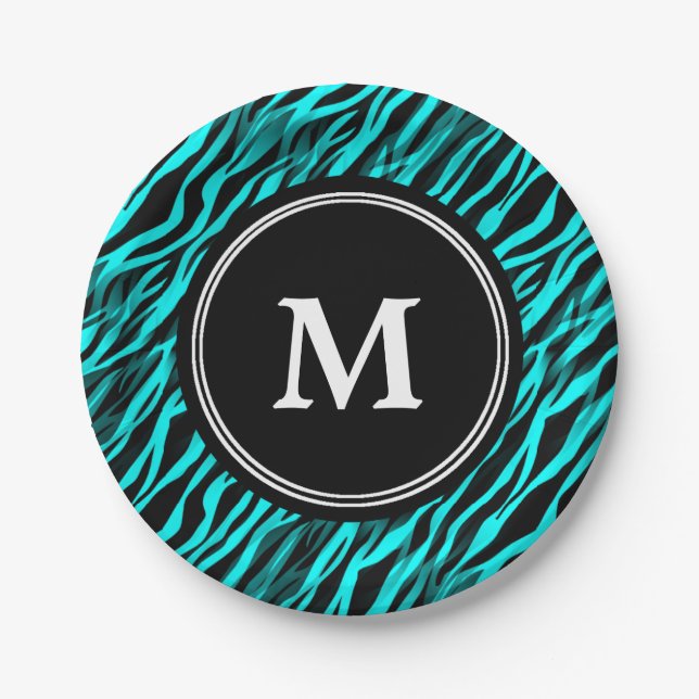 Aqua Black Zebra Stripe Monogram Paper Plate (Front)