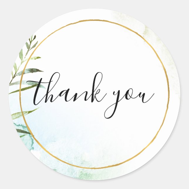 Aqua Bliss Leaves Watercolor Thank you Classic Round Sticker (Front)