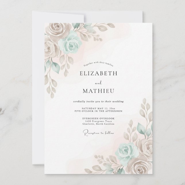 Aqua Blossom Painterly Flourish Wedding Invitation (Front)