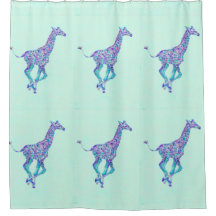 aqua, blu, purple giraffes shower curtain