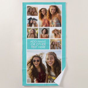 Aqua Blue 8 Photo Collage - white simple text Beach Towel