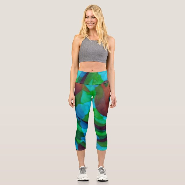 Aqua Blue Abstract Art Yoga Capri Leggings (Front)
