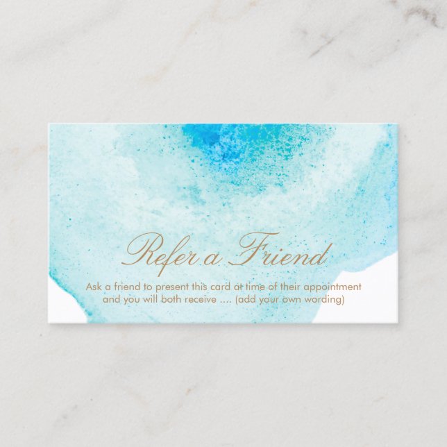 Aqua Blue Abstract Watercolor Customer Referral Card (Front)