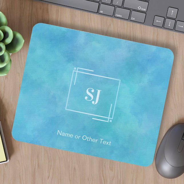 Aqua Blue Abstract Watercolor Monogram Mousepad (Creator Uploaded)