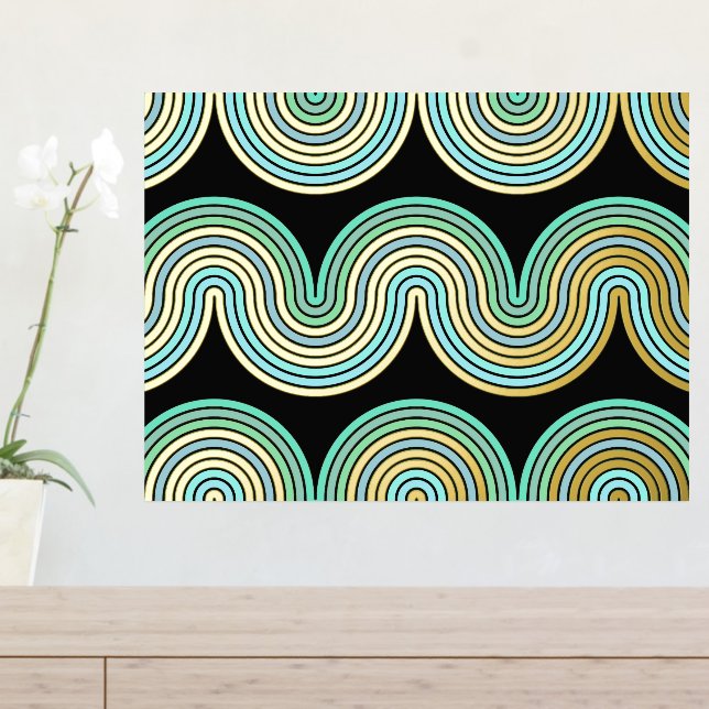 Aqua Blue Abstract Wave Lines Art Pattern Gold Foil Prints (In Situ (Entry Table))