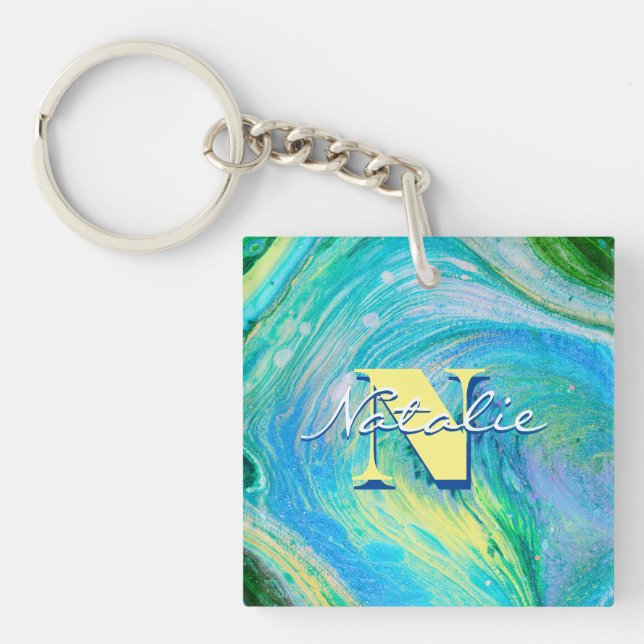 Aqua Blue Acrylic Flow Art Keychain (Front)
