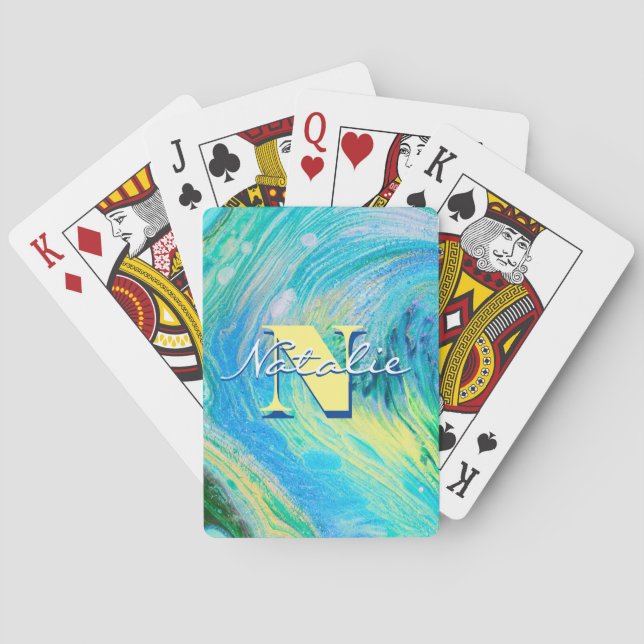 Aqua Blue Acrylic Flow Art Playing Cards (Back)