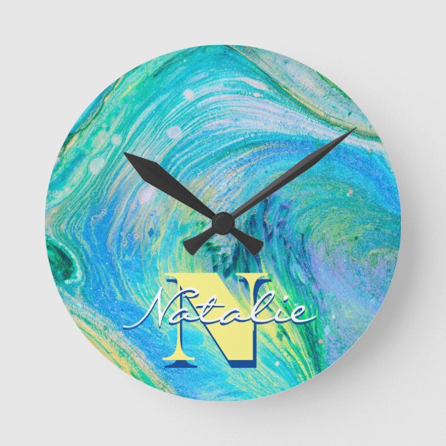 Aqua Blue Acrylic Flow Art Round Clock (Front)