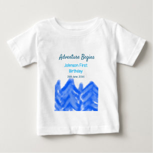 Aqua blue Adventure begins 1st birthday mountain d Baby T-Shirt