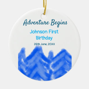 Aqua blue Adventure begins 1st birthday mountain d Ceramic Tree Decoration