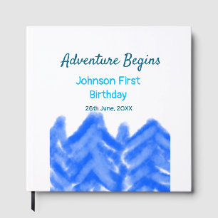 Aqua blue Adventure begins 1st birthday mountain d Guest Book