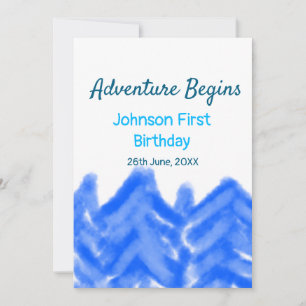 Aqua blue Adventure begins 1st birthday mountain d Invitation
