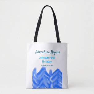 Aqua blue Adventure begins 1st birthday mountain d Tote Bag