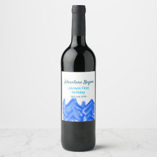Aqua blue Adventure begins 1st birthday mountain d Wine Label