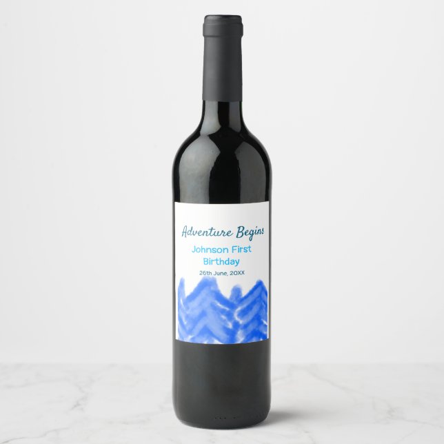 Aqua blue Adventure begins 1st birthday mountain d Wine Label (Front)