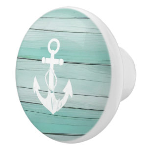 Aqua Blue Anchor Faux Wood Nautical Drawer knob