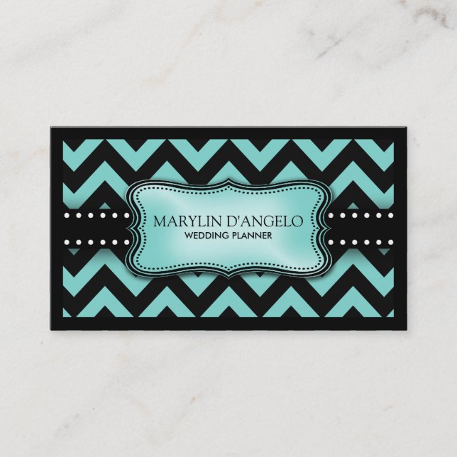 Aqua Blue and Black Chevron Wedding Planner Business Card (Front)