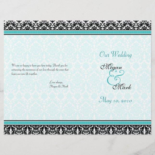 Aqua Blue and Black Damask Wedding Program (Front)