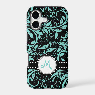 Aqua Blue and black damask with monogram