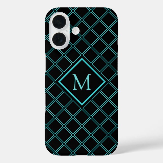Aqua Blue and Black Diamond Pattern Monogram Case-Mate iPhone Case (Back)