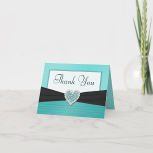 Aqua Blue and Black Glitter Heart Thank You Card