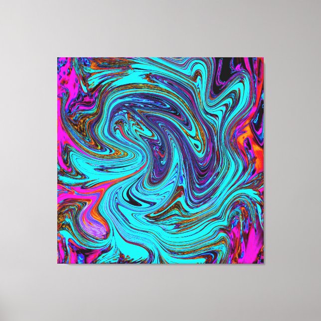 Aqua Blue and Black Groovy Abstract Retro Art Canvas Print (Front)