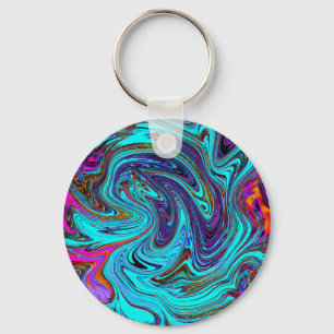 Aqua Blue and Black Groovy Abstract Retro Art Key Ring