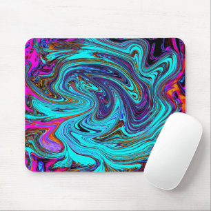 Aqua Blue and Black Groovy Abstract Retro Art Mouse Mat
