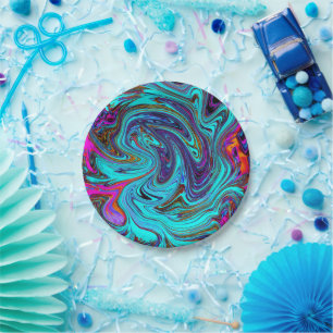 Aqua Blue and Black Groovy Abstract Retro Art Paper Plate