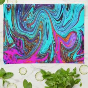 Aqua Blue and Black Groovy Abstract Retro Art Tea Towel