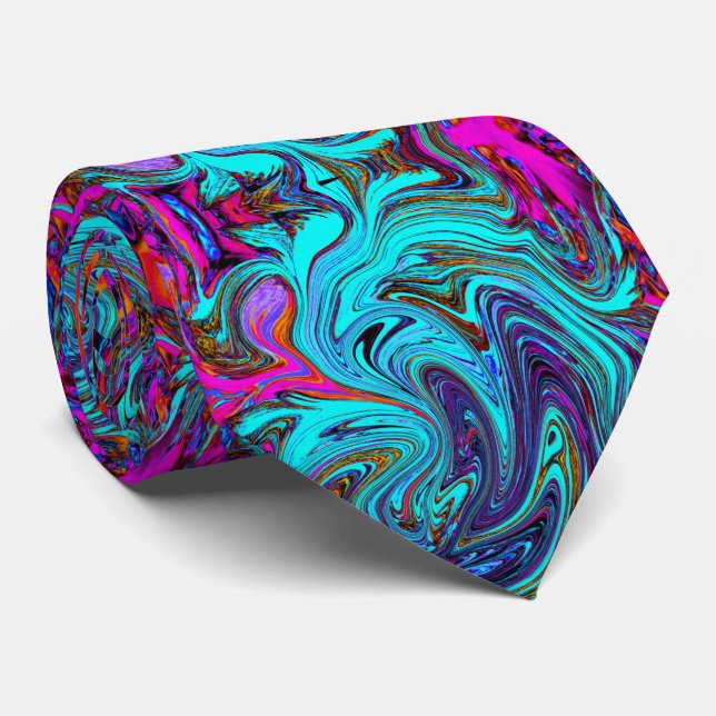 Aqua Blue and Black Groovy Abstract Retro Art Tie (Rolled)