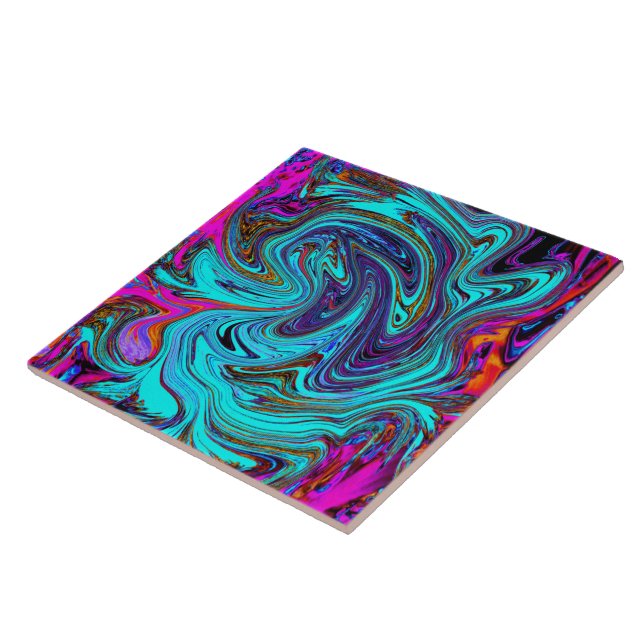 Aqua Blue and Black Groovy Abstract Retro Art Tile (Side)