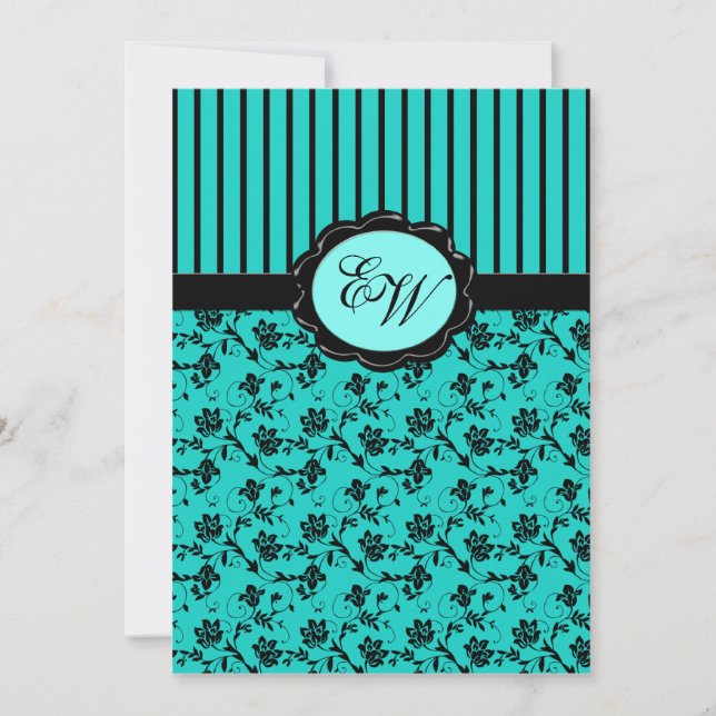 Aqua Blue and Black Monogram Damask Invitation (Front)