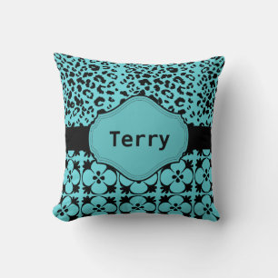 Aqua Blue and Black Monogram Pillow