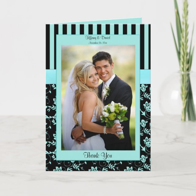 Aqua Blue and Black Stripe Photo Thank You Card (Front)