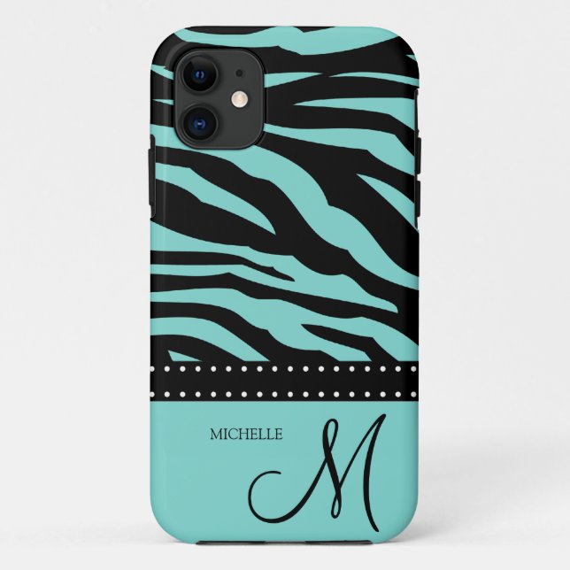 Aqua Blue and Black Zebra Patterns Case-Mate iPhone Case (Back)