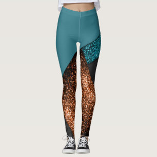 Aqua blue and bronze sparkles modern colour block leggings