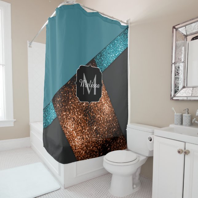 Aqua blue and bronze sparkles modern Monogram Shower Curtain (In Situ)