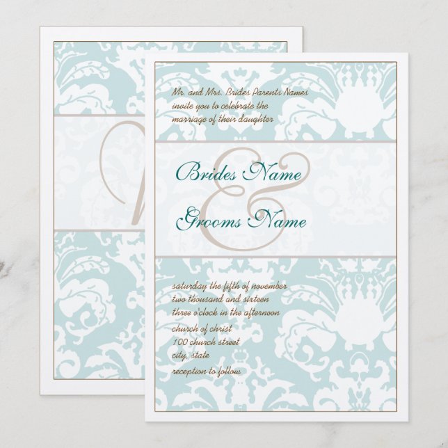 Aqua Blue and Brown Damask Wedding Invitation (Front/Back)