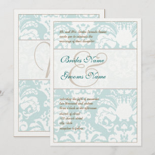 Aqua Blue and Brown Damask Wedding Invitation