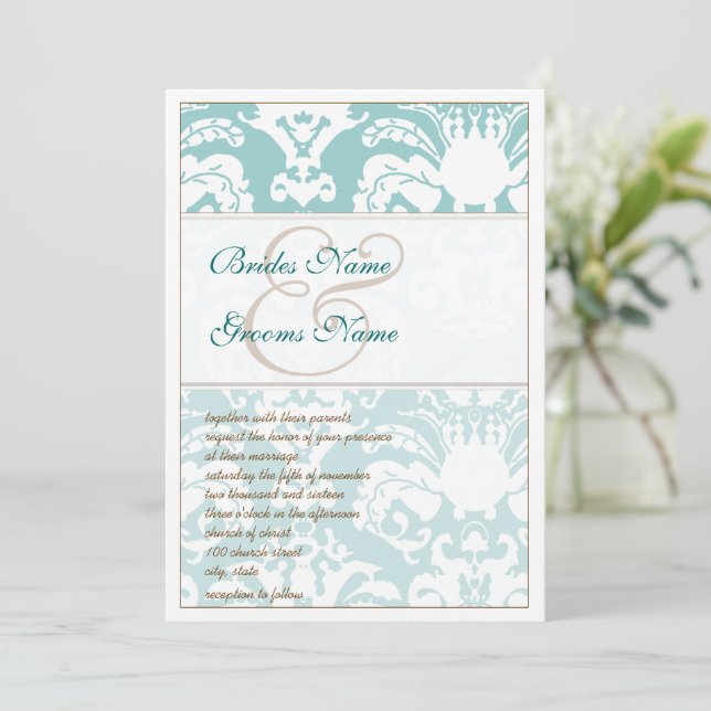 Aqua Blue and Brown Damask Wedding Invitation (Standing Front)