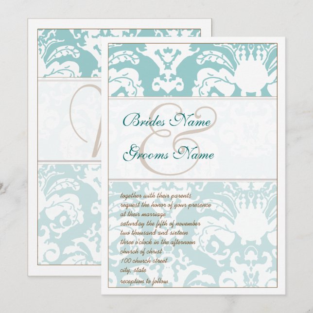 Aqua Blue and Brown Damask Wedding Invitation (Front/Back)