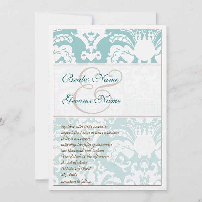 Aqua Blue and Brown Damask Wedding Invitation (Front)