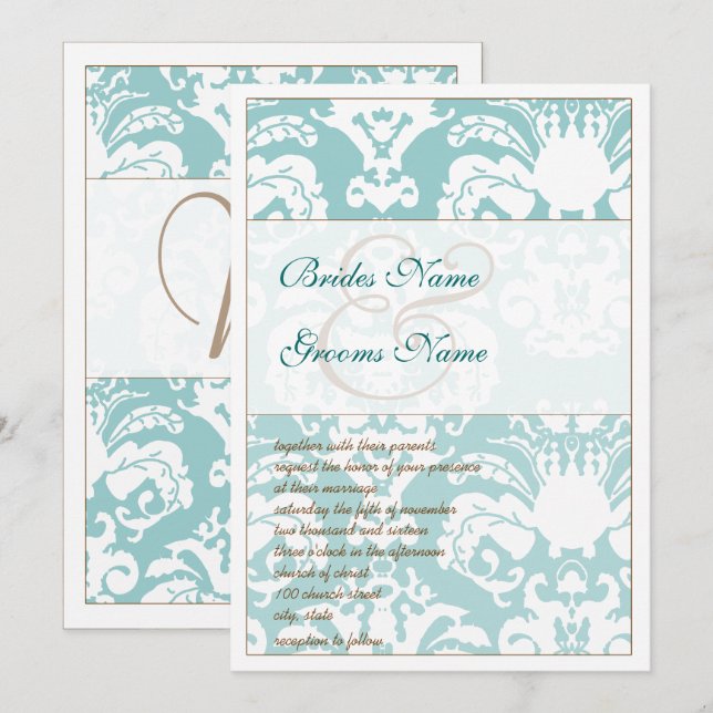 Aqua Blue and Brown Damask Wedding Invitation (Front/Back)