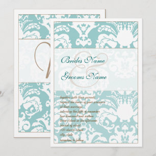 Aqua Blue and Brown Damask Wedding Invitation