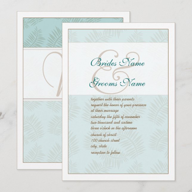Aqua Blue and Brown Leaves Wedding Invitation (Front/Back)