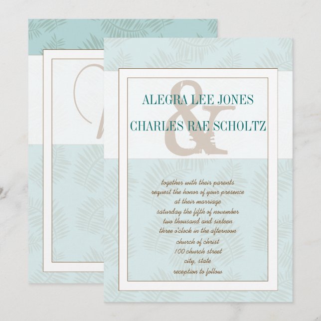 Aqua Blue and Brown Leaves Wedding Invitation (Front/Back)